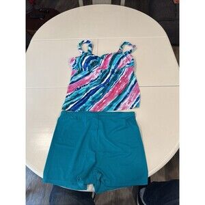 Kim Gravel Swimsuit For All Scoop Neck Tankini Bike Shorts Rainbow Stripe Sz 12